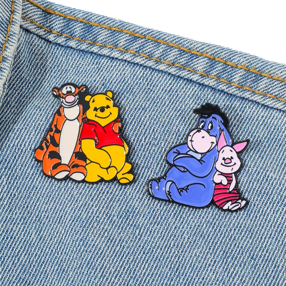2 Pcs Cute Anime Brooch Tigger Pooh Likable Eeyore Creativity Enamel Pin Metal Badge Jewelry Backpack Clothing Accessories Gift