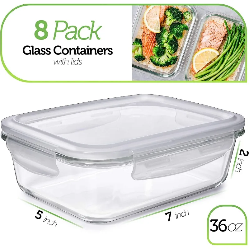 8 Pack 36 Oz Glass Meal Prep Containers - Dishwasher Microwave Freezer Oven Safe - Glass Storage Containers with Lids