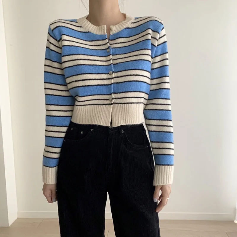

Винтажный полосатый свитер с цветными блоками, женский вязаный кардиган, корейский шикарный ретро простой круглый вырез, мягкий трикотаж с длинными рукавами, топы