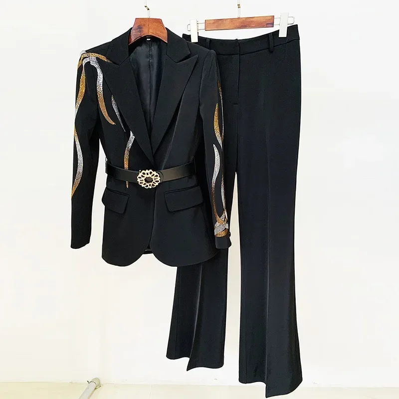 Luxe Zwarte Damespakken Set Met Riem 2 Stuks Kristallen Jas + Broek Vrouwelijke Lente Office Lady Business Werkkleding Jas Prom Dress