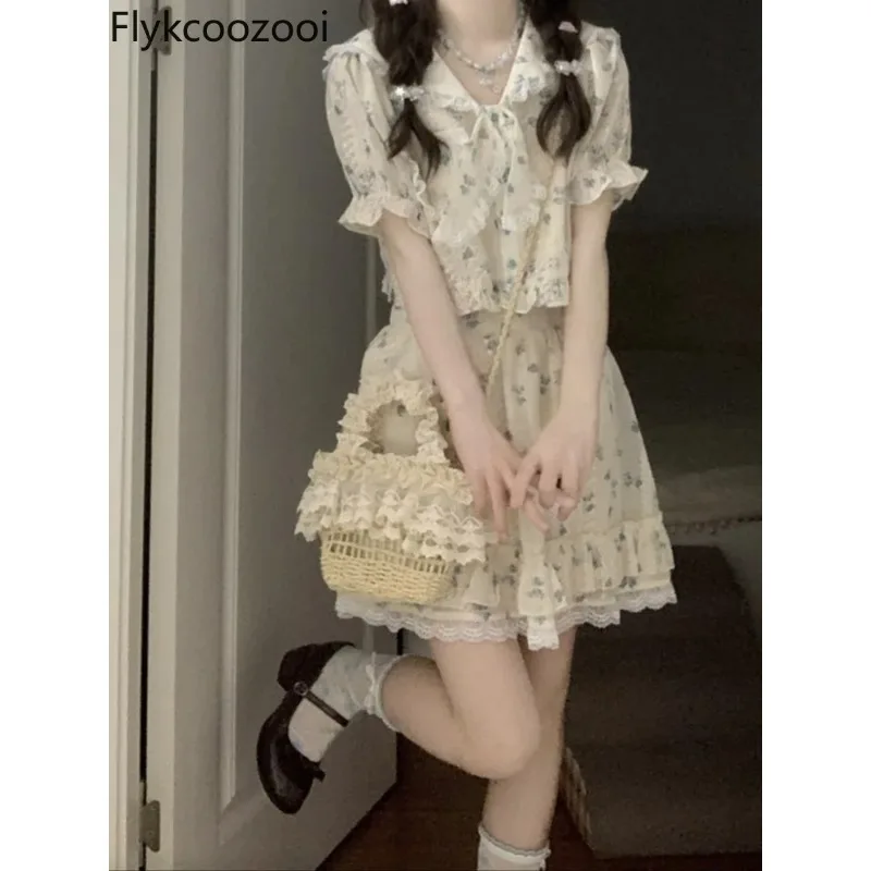 

Sweet Female Summer Bow Shirt Skirt Two-piece Floral Set Mainland China Summer Blazer Women Jupe Femme Chic Et Élégant