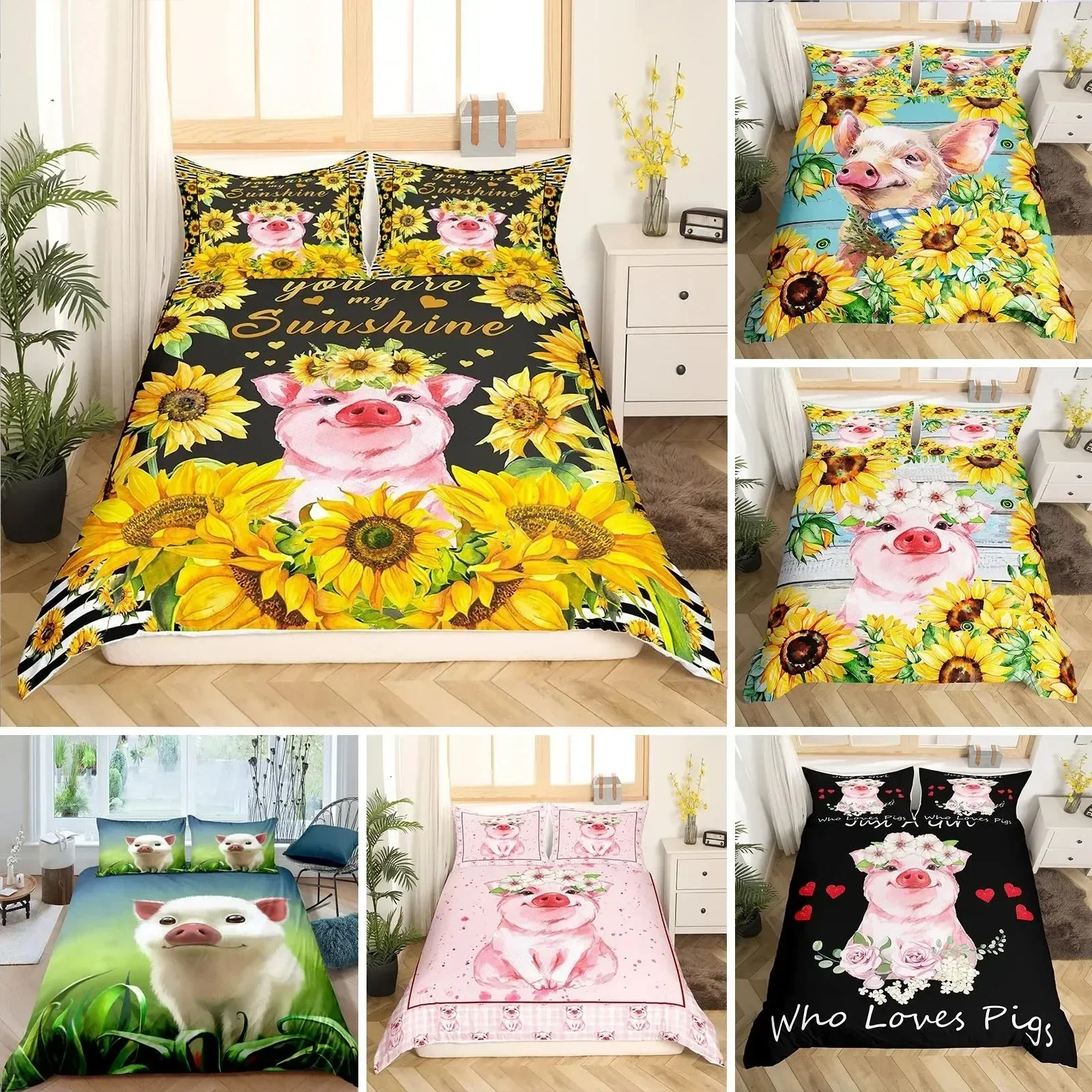 

Pink Pig Duvet Cover King Queen Size Cartoon Farm Animal Bedding Set for Kids Yellow Sunflowers Polyester Comforter Cover