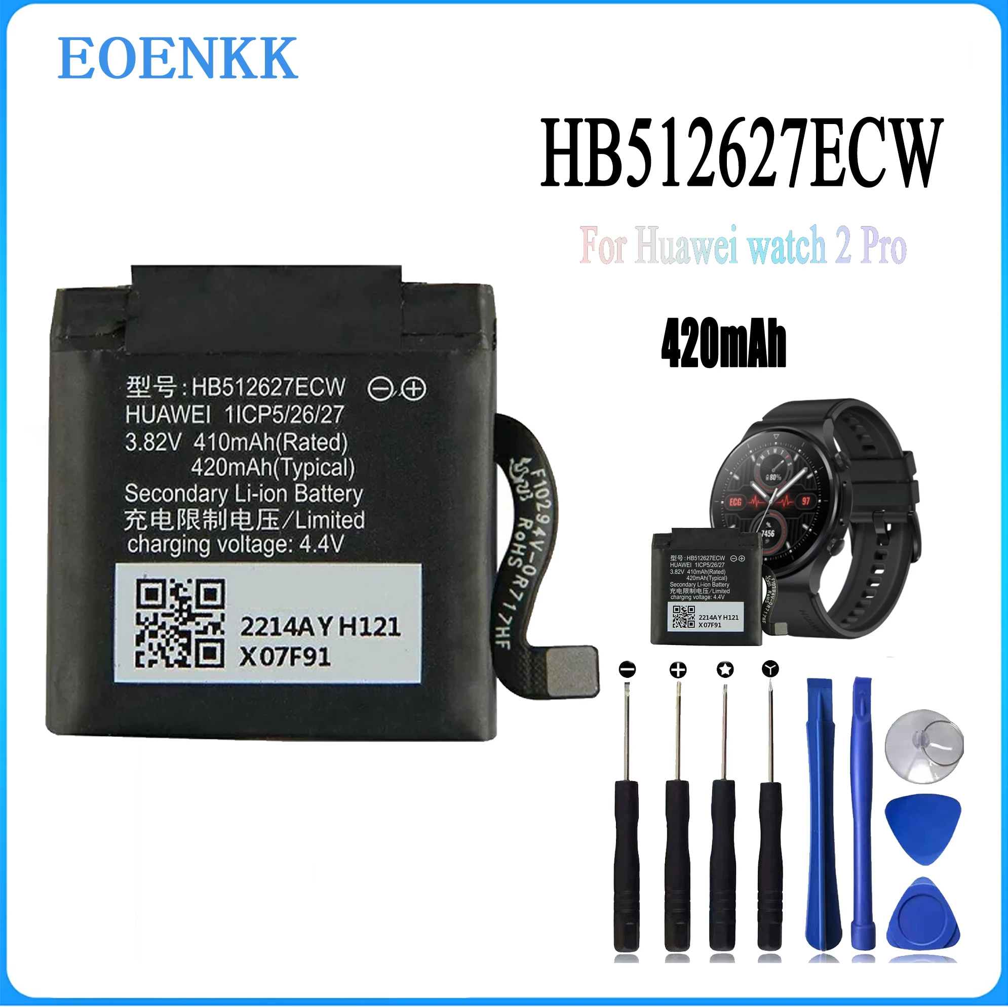 

HB512627ECW Battery For Huawei WATCH 2 Pro 4G 2Pro EO-DLXXU Porsche Design WATCH GT FTN-B19 420mAh high capacity Battery + Tool