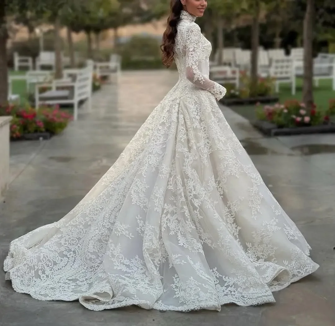 Vintage High Collar Wedding Dress for Women with Long Sleeves Sequin Lace Detachable Train Bridal Gown Custom Made