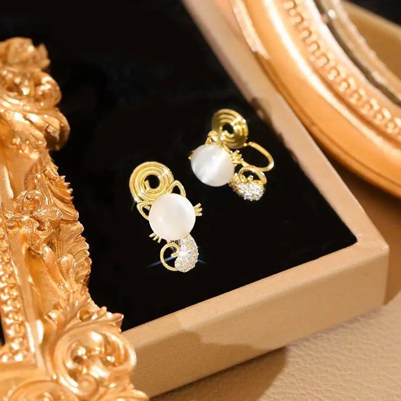 Cute Transparent Opal Cat Stud Earrings For Women Girls Trendy Gold Color Cat Astronaut Rabbit Zircon Earrings Accessories