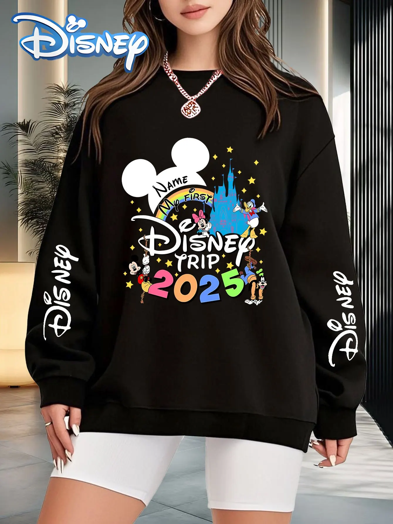 سويت شيرت ديزني ماي فيرست ديزني تريب 2025 التذكاري للسيدات مقاس كبير برسومات ميكي هيد مع طباعة شخصيات كلاسيكية #2