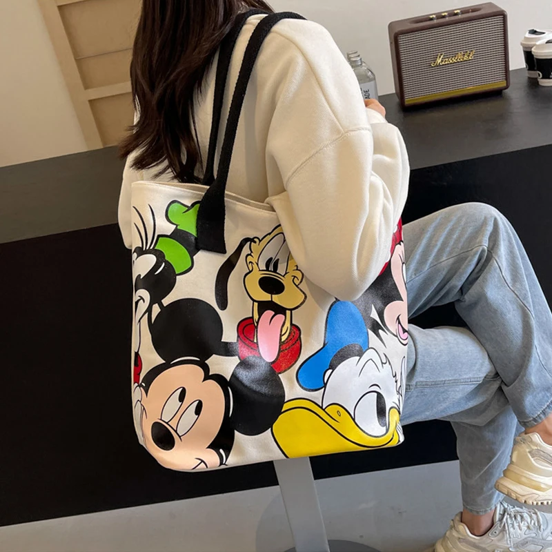 Disney Kawaii Mickey Mouse stampa Donald Duck borsa a tracolla in tela di grande capacità borsa per studenti per il tempo libero All-Match