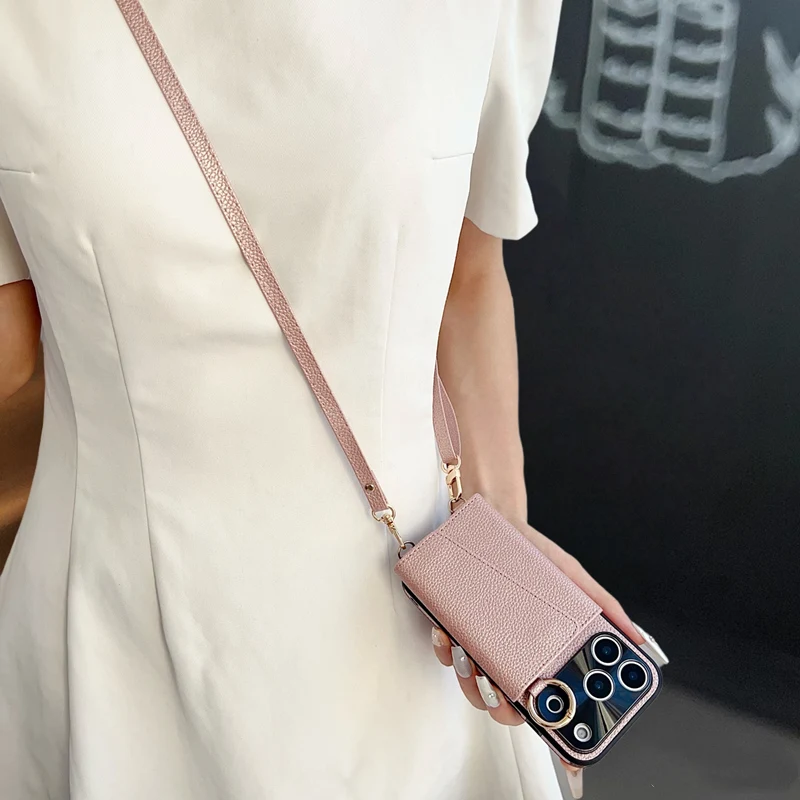 Crossbody-Geldbörsen-Handyhülle mit Make-up-Spiegel für iPhone 17 18 Pro Max 16 Pro 15 14 13 12, trendige Lederhülle mit Kartenfach und Lanyard – Detail 1