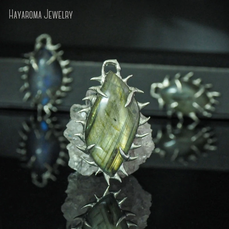 10Pcs Labradorite Spiky Pendant Charm For Keychain Goth Alt Gothic Y2k Punk Halloween Accessory Jewelry Making