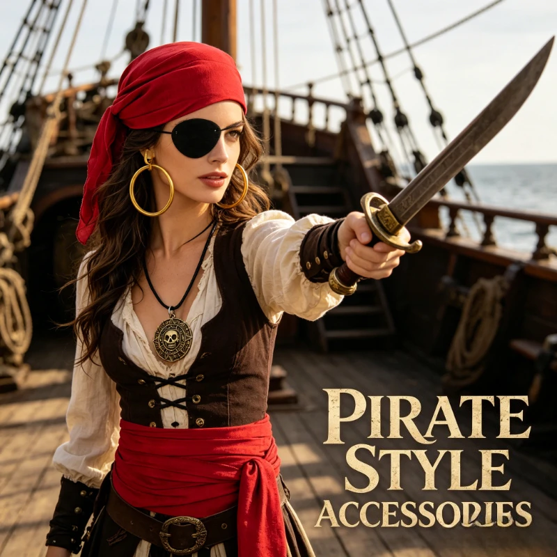 Pirate Costume Kit for Women Headscarf Belt Necklace Earring Eye Patch Halloween Cosplay Party Dress Up