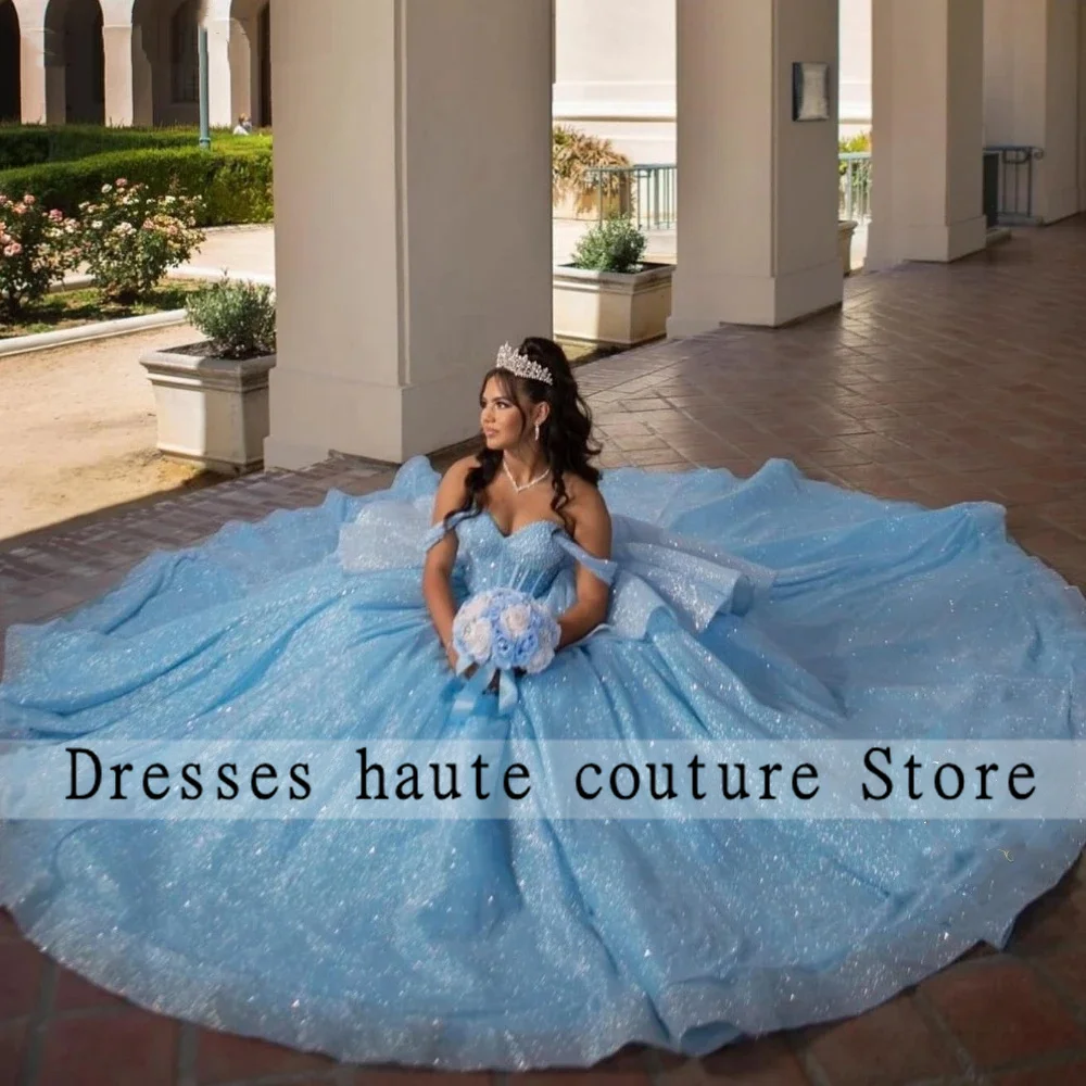 

Mexican Shiny Sky Blue Quinceanera Dress Ball Gown Glitter Applique Beaded Bow Corset Sweet 16 Vestidos De 15 Anos Customized