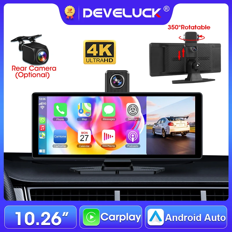 

Develuck 10.26" 4K Car DVR Dashcam Wireless Carplay Android Auto 350° Rotating Lens 3 Channel Recording GPS Navigation Dashboard