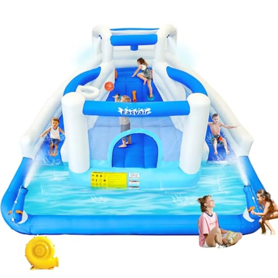 

Надувной батут-горка 3,7 м x 3,1 м для двора, с двумя горками, скалодромом и баскетбольной стойкой