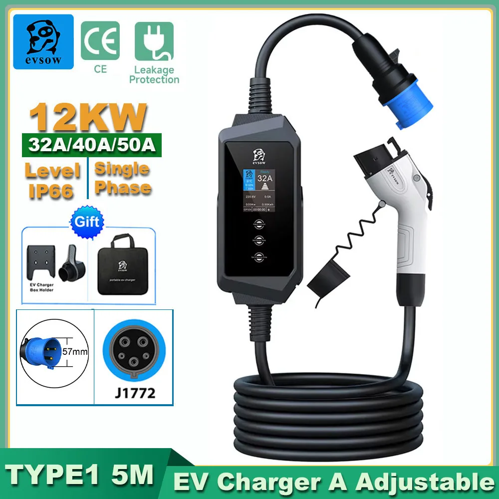 evsow Type1 Electric Car Charging Cable 12KW 50A Portable EV Charger Type1 EV Car Charger Station Wallbox EVSE 5MEV Charger Cord