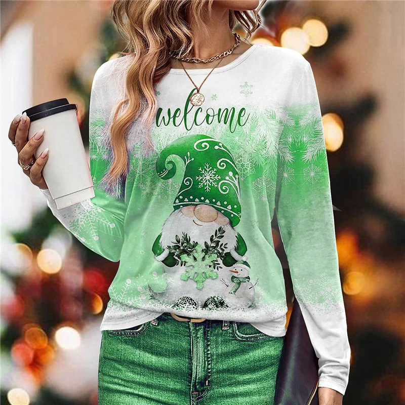 Fashion Santa Claus Pattern Women T-Shirts Autumn Winter Long Sleeve Street 3D Printed Christmas Style Ladies Tee 3XL Plus Size