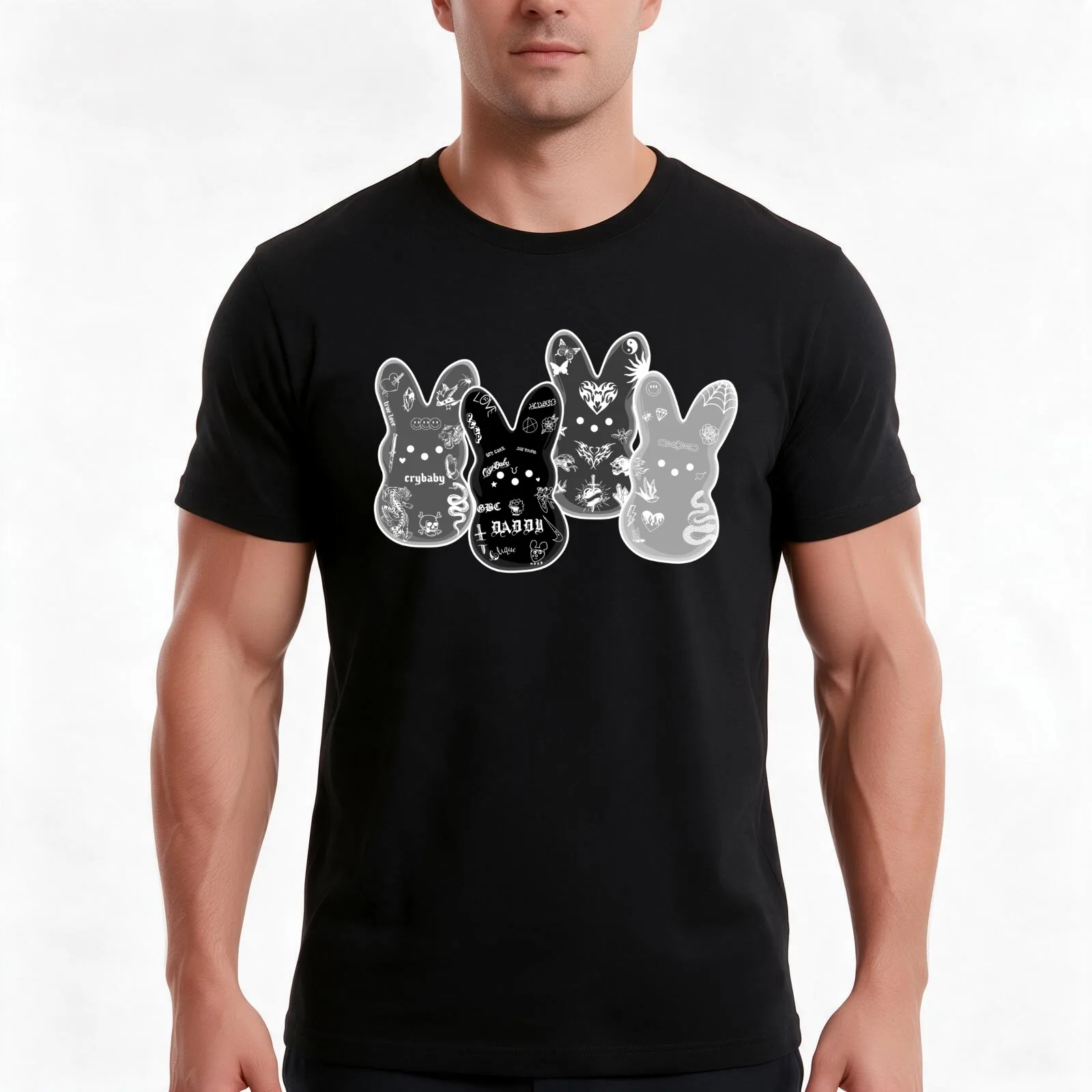 Tattoo Peeps! - inverted greyscale T-Shirt, Summer Casual Cotton Tee, Oversized Streetwear Tops, Vintage Graphic Print