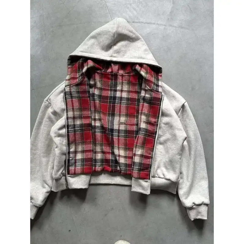 American retro double-sided y2k personalized checkered zipper hooded sweatshirt jacket