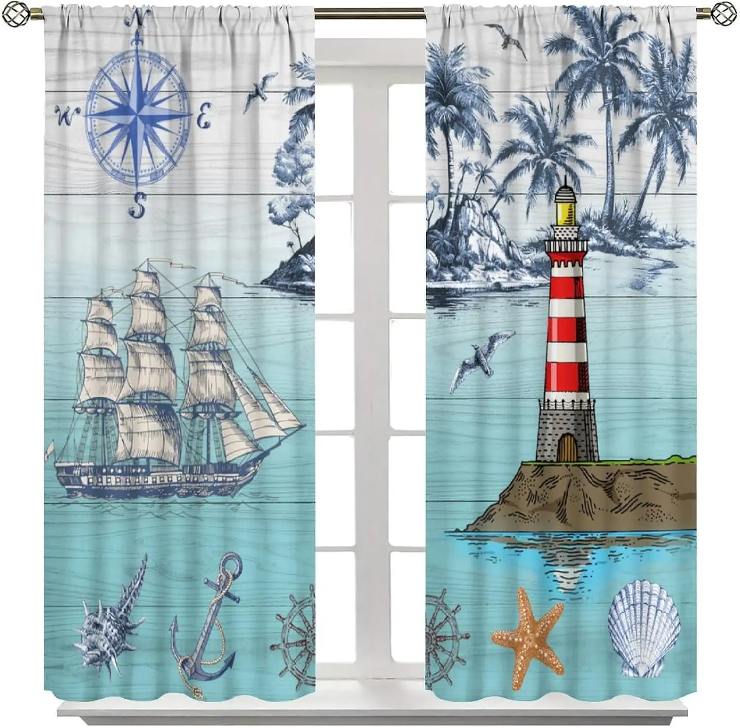 Blue Ocean Beach Curtains, Rustic Nautical Sailboat Anchor Compass Lighthouse Window Treatments Teal Sea Beach Theme Window
