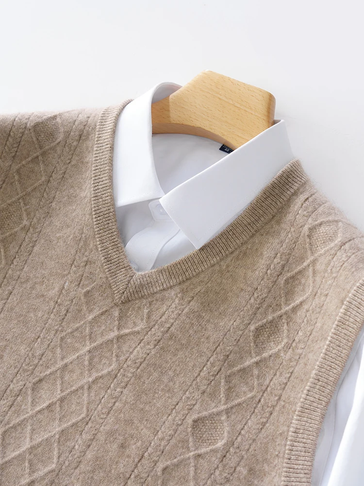 

Мужской трикотажный жилет из 100% мериносовой шерсти с V-образным вырезом, без рукавов, осенне-зимний, повседневный, модный, кашемировый