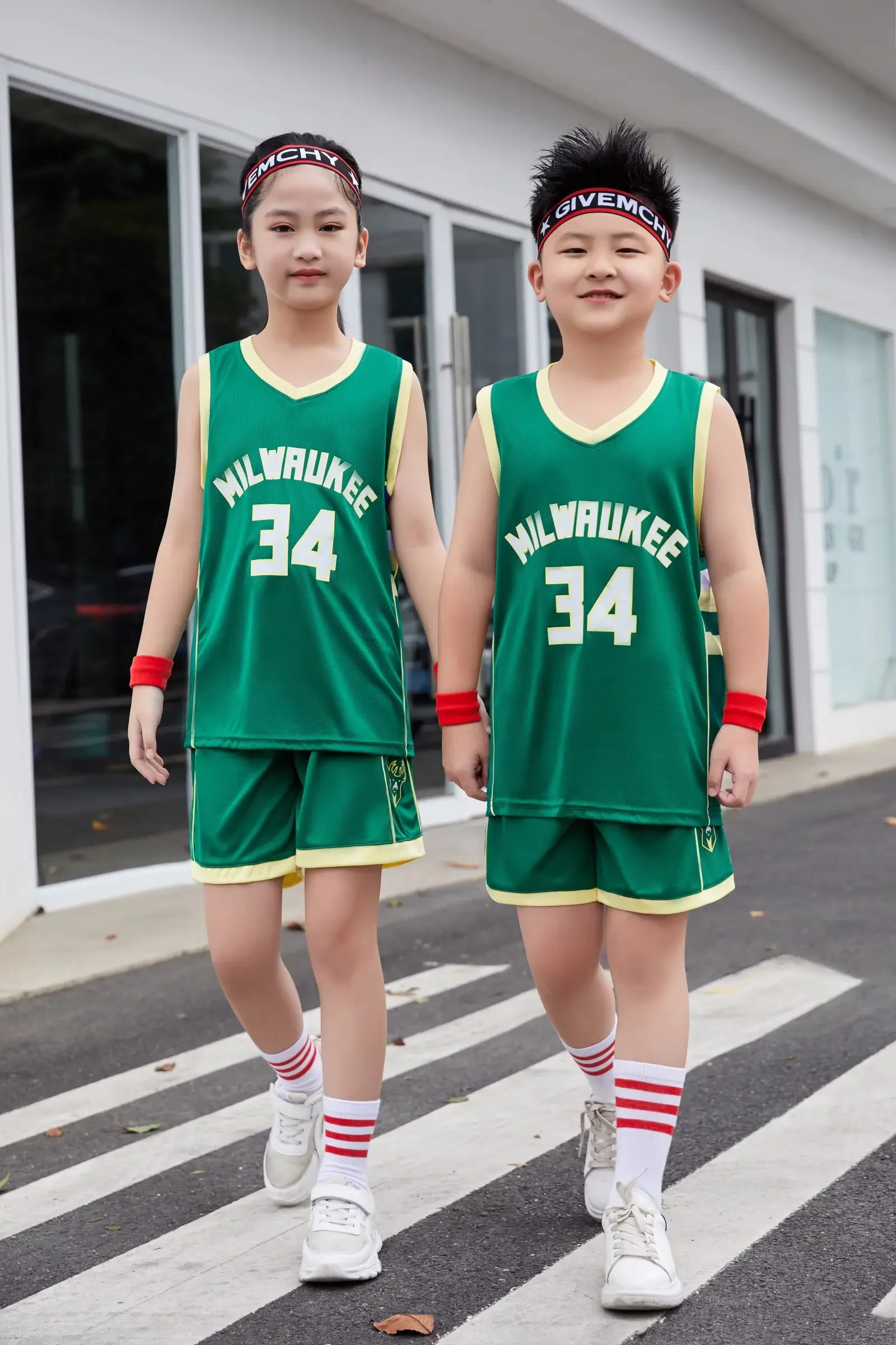 23/24 boy girl NBA Basketball Jerseys Children's uniform set primary school jersey  uniform training vest Bucks Green No. 34