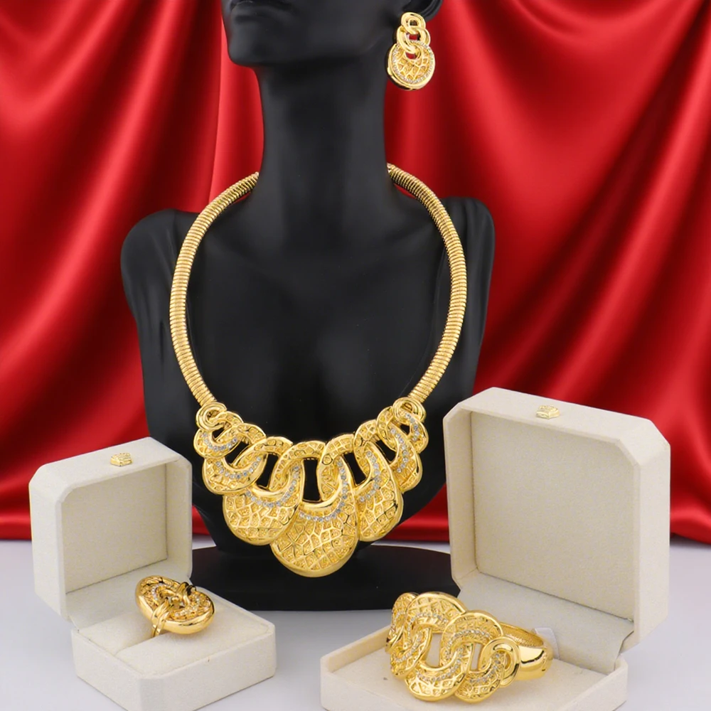 

New Trendy Luxury Africa Dubai Necklace Earrings Ring Bracelet Sets For Women Wedding Party Bridal jewelry Sets