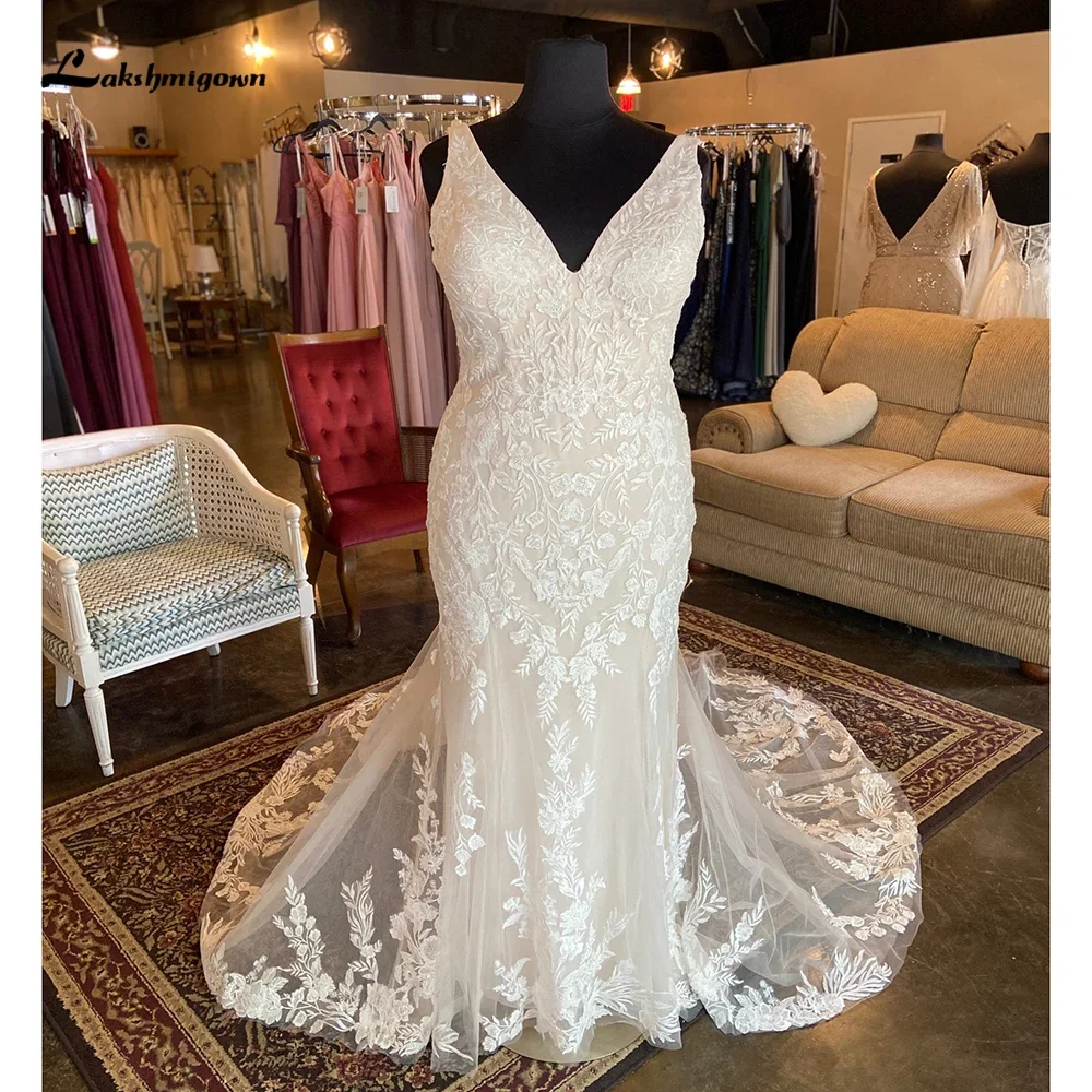 

Boho V Neck Off the Shoulder Lace Tulle Sexy Open Back Mermaid Wedding Dress For Women Beach Bridal Gowns Sweep Robe De MariéeCu