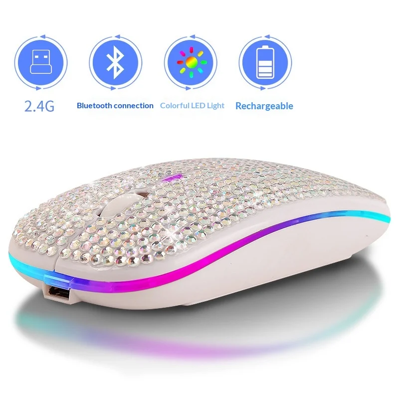 Wireless Rechargeable Mouse, Bluetooth Dual‑Mode Glitter Decor Inlaid, Silent Click Adjustable Dpi For Laptop Home Office Daily