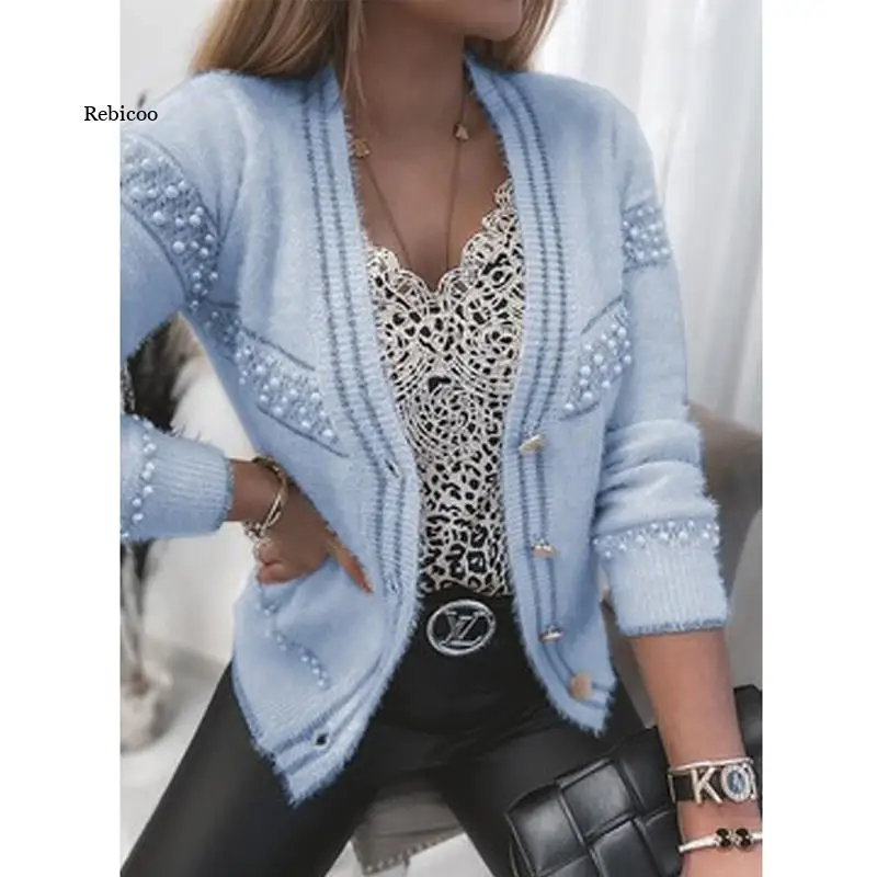 

Autumn Winter Women Single-Breasted Knitted Cardigan Top Fashion Women Pearl Beading Sweaters Elegant Long Sleeve Coat