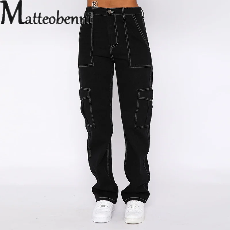 Fashion Loose Cotton Jeans Women Multi-pocket Splicing Overalls Casual High Waist Denim Pants Female New Trend Wide Leg Trousers