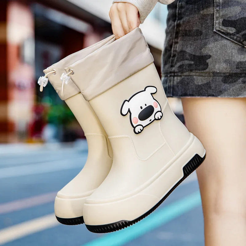 

New Woman's Cute Cartoon Rain Boots Lady's Waterproof Shoes Outdoor Wear Non-slip Cuffs Plus Velvet Puppy Decorative Warm Boots