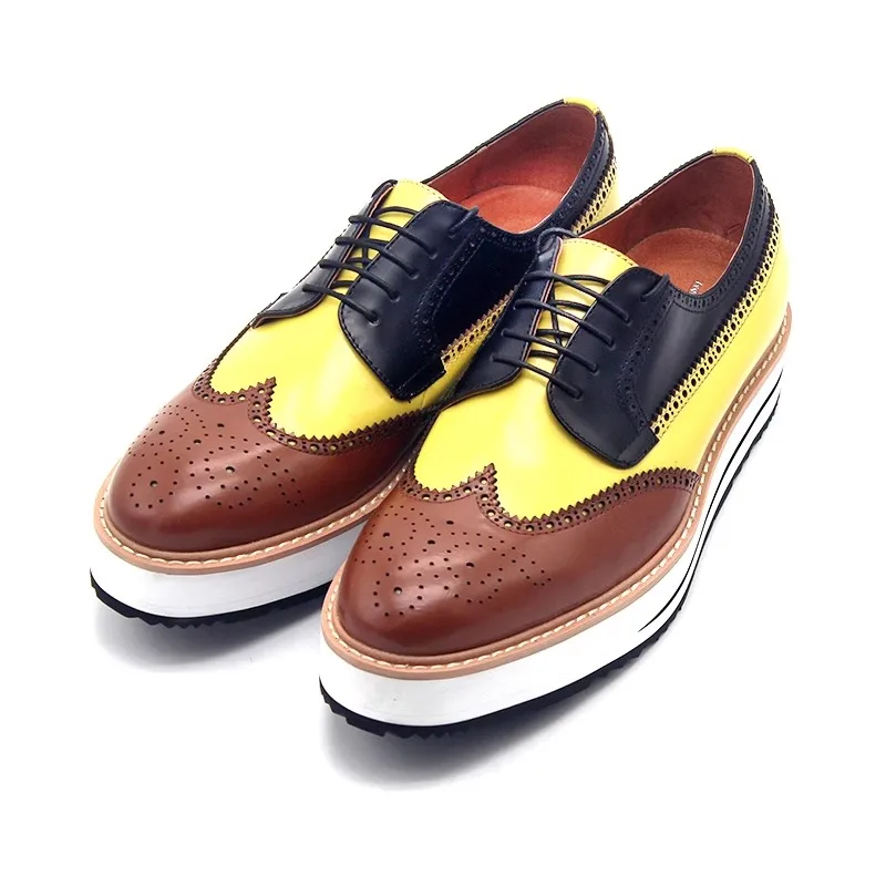 New Spring new contrast color carved muffin sole Brock Derby shoes lace-up cowhide thick sole large size small size men's shoes