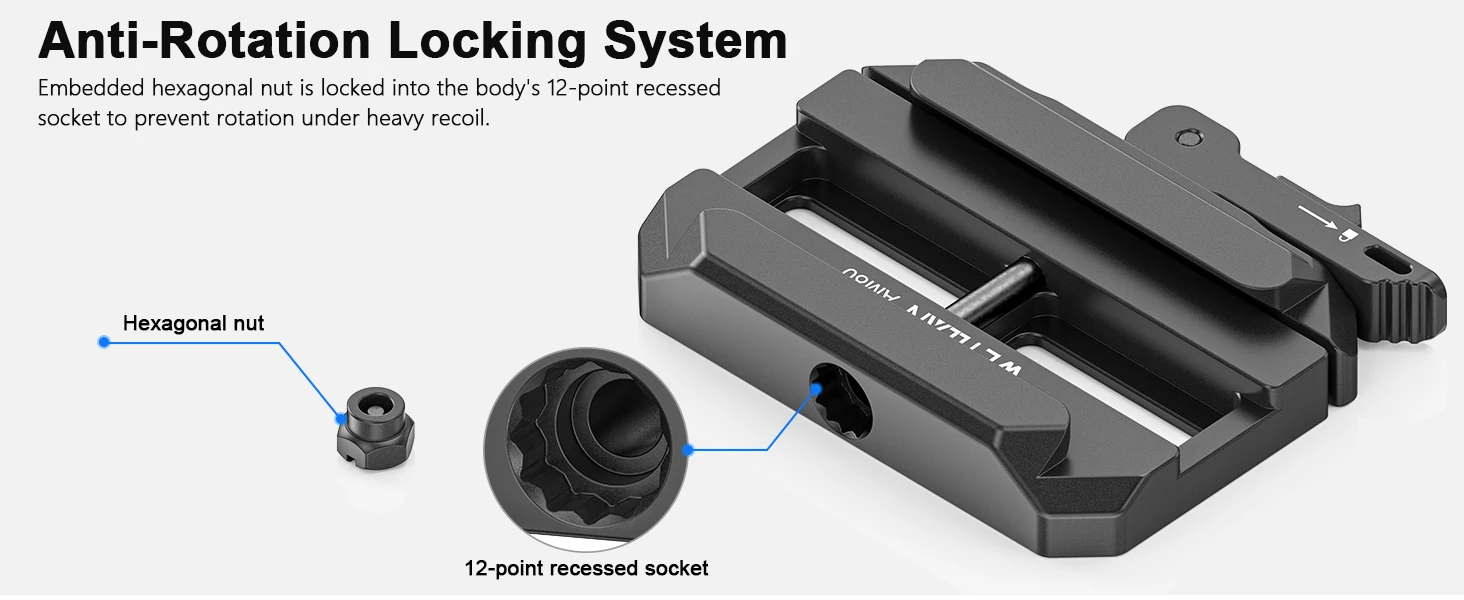 WEYLLAN AM80 MLOK Adapterhalterung ARCA-Zweibeinadapter mit Sicherheitsverriegelungshebel Werkzeuglose Spannungsverstellung Anti-Rotations-Sicherungsmutter – Detail 3