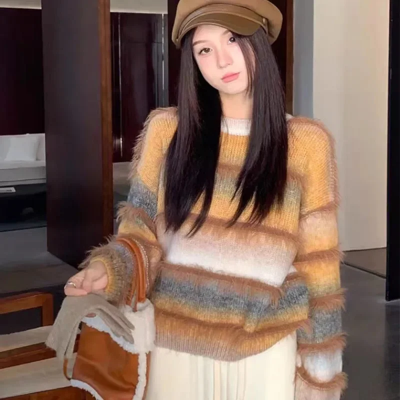 

Autumn Winter Sweater Women's 2025 New Style Mohair Gradient Stripe Contrast Beautiful Western Style Knitted Sweater Top