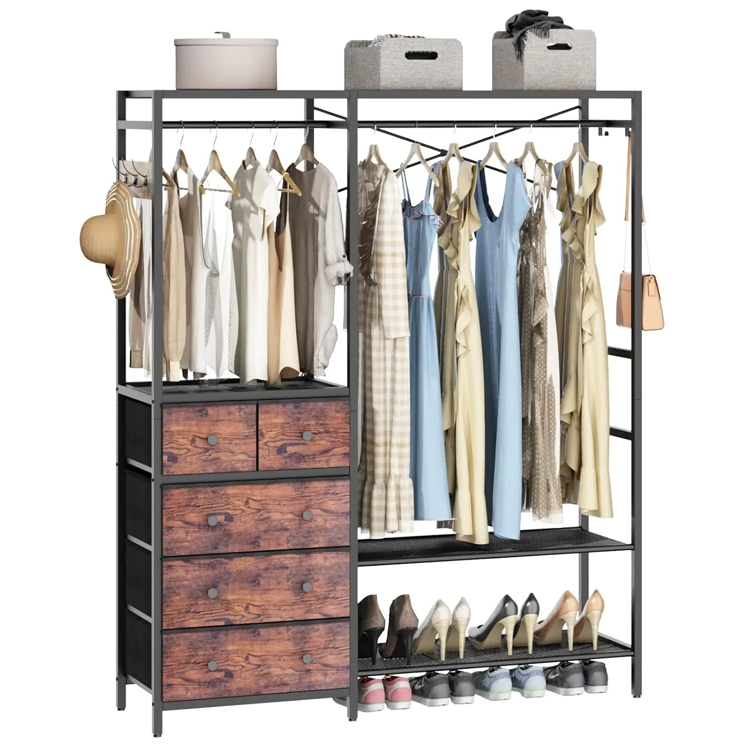 Freestanding Clothing Rack 5 Drawers 4 Shelves 2 Rods 5 Hooks, 59.1