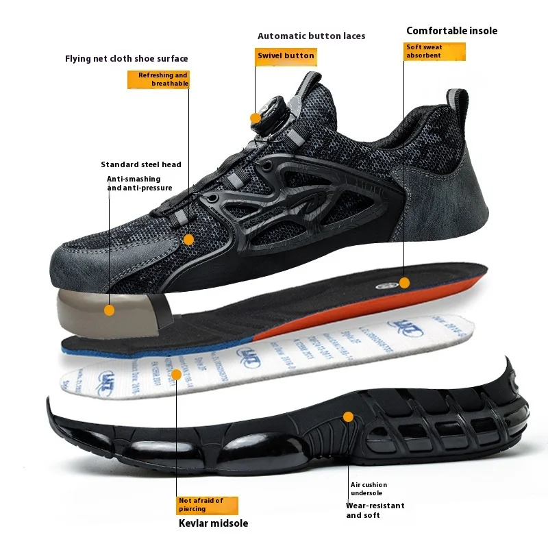 Rotating Button Work Shoes Anti-puncture Security Protective Shoes Steel Toe Slip Resistant Anti Shock Indestructible Sneaker