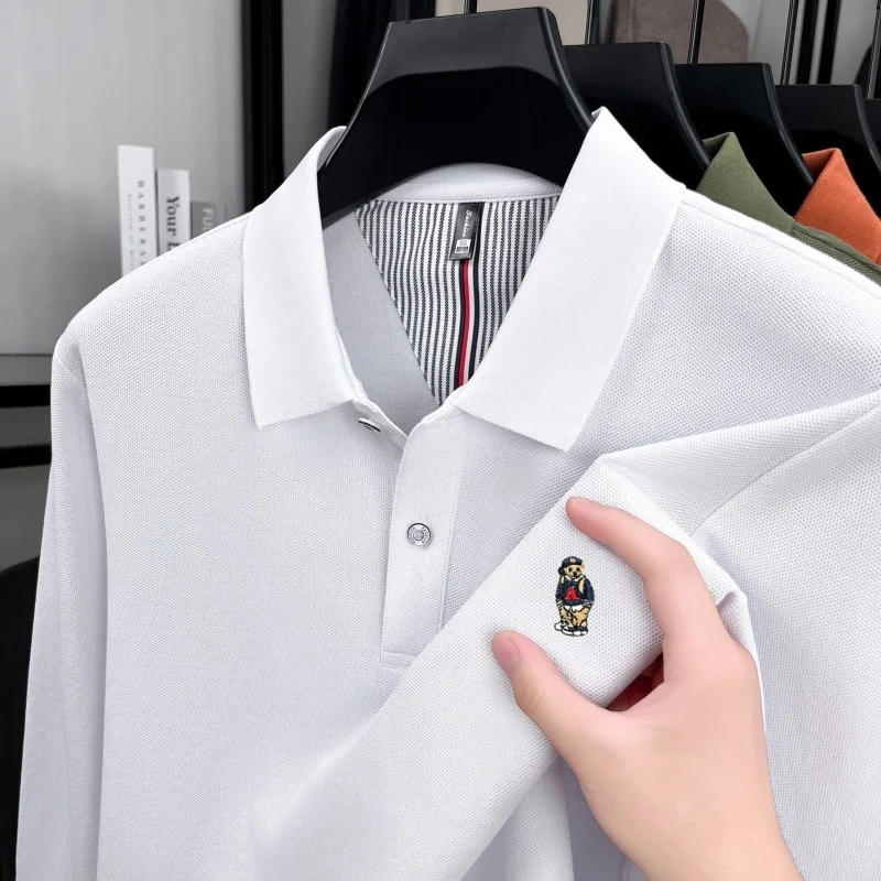 

100% pure cotton high-end brand men's long sleeved polo shirt spring autumn fashion original bear embroidery golf casual T-shirt