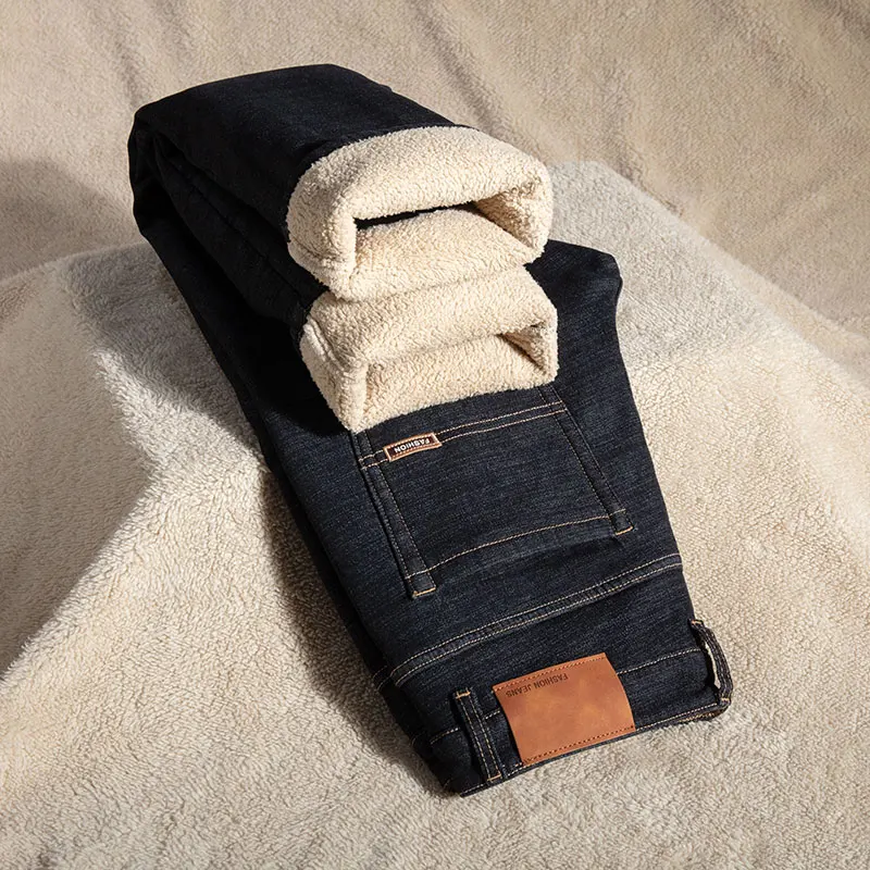Sherpa Warm Men Jeans Winter Warm Thicken Fleece Trousers Plus Size 44 46 48 Classic Loose Straight Business Casual Denim Pants