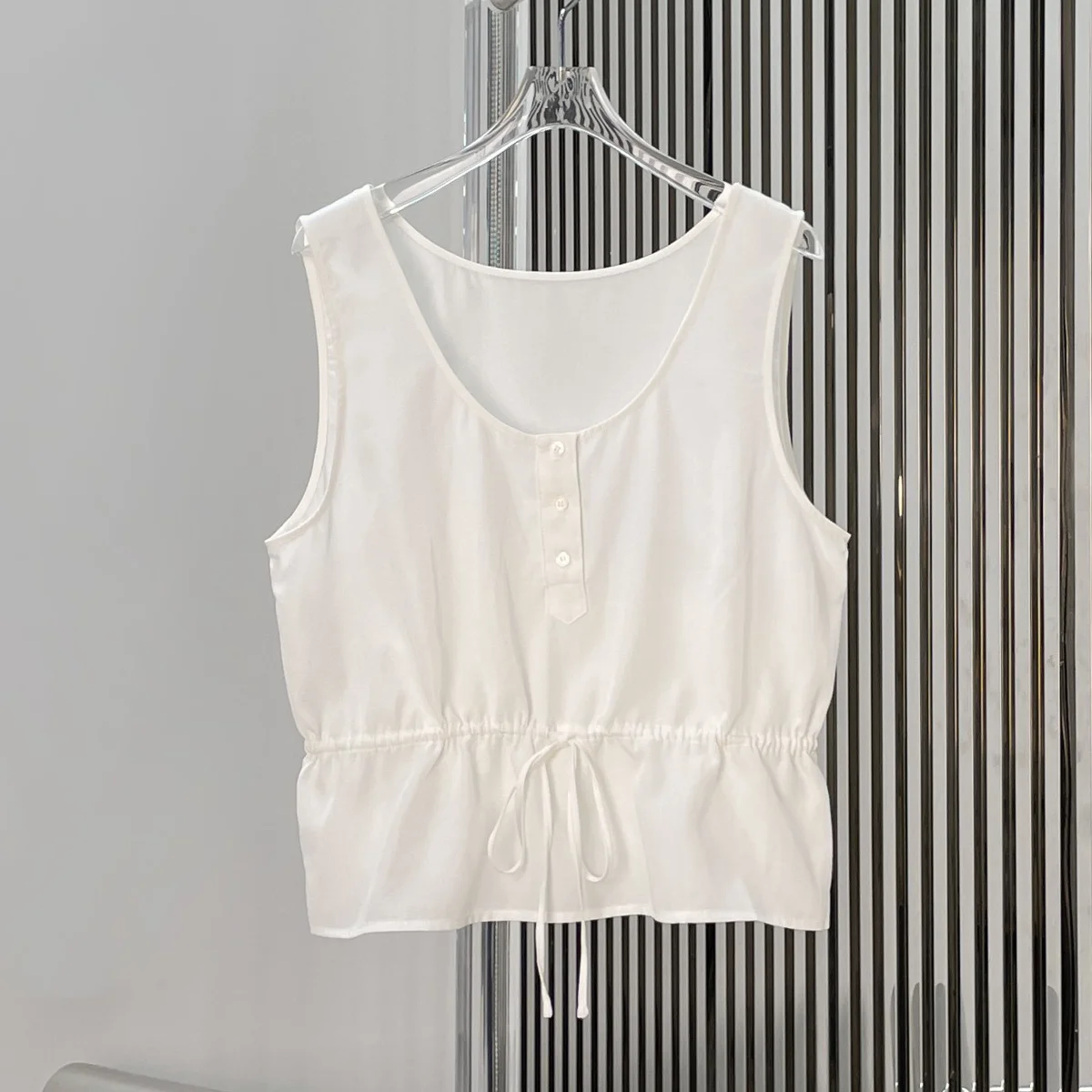 High Quality Women Sleeveless Drawstring Waist Vest Half Button Solid Crop Top Daily Casual Blouse lyt132618