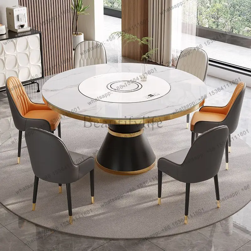 PG electric rotating rock slab round dining table and chairs embedded turntable induction cooker hot pot dining table