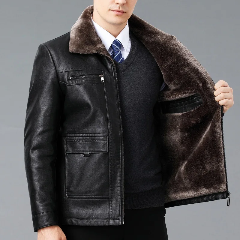 

Men's Genuine Leather Jacket Sheepskin Coat Winter Style Lapel Fleece-Lined Thickened Middle-Aged Men's Outerwear