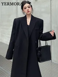 YERMORA Black Office Lady Long Blazer For Women Lapel Long Sleeve Fashion Tide Pocket Casual Trench Spring Autumn 2024 New