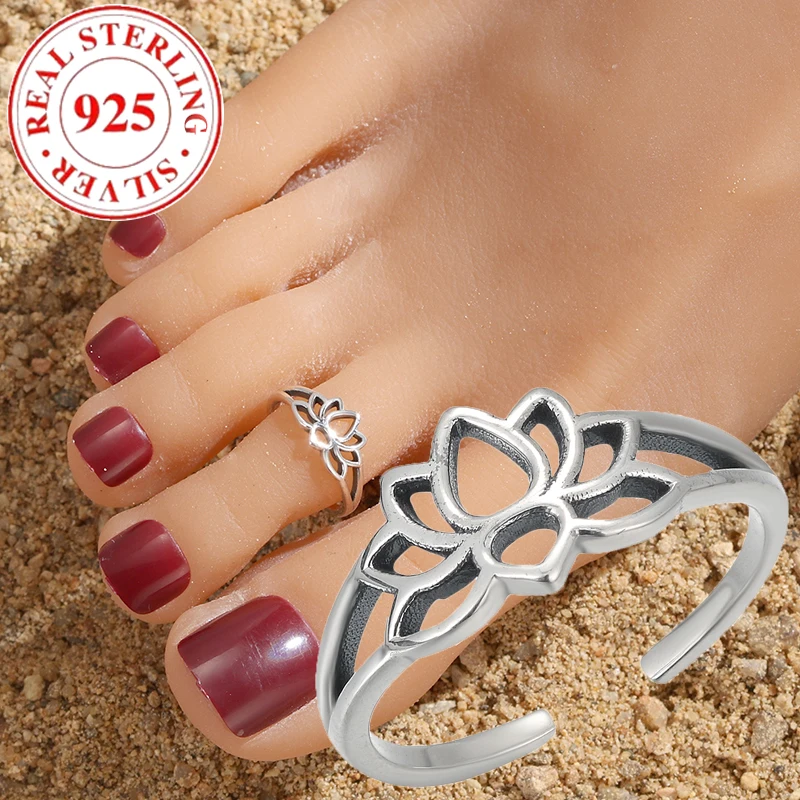 

S925 Sterling Silver Skeleton Lotus Women's Summer Beach Toe Ring Hypoallergenic Women's Jewelry Suitable for Vacation