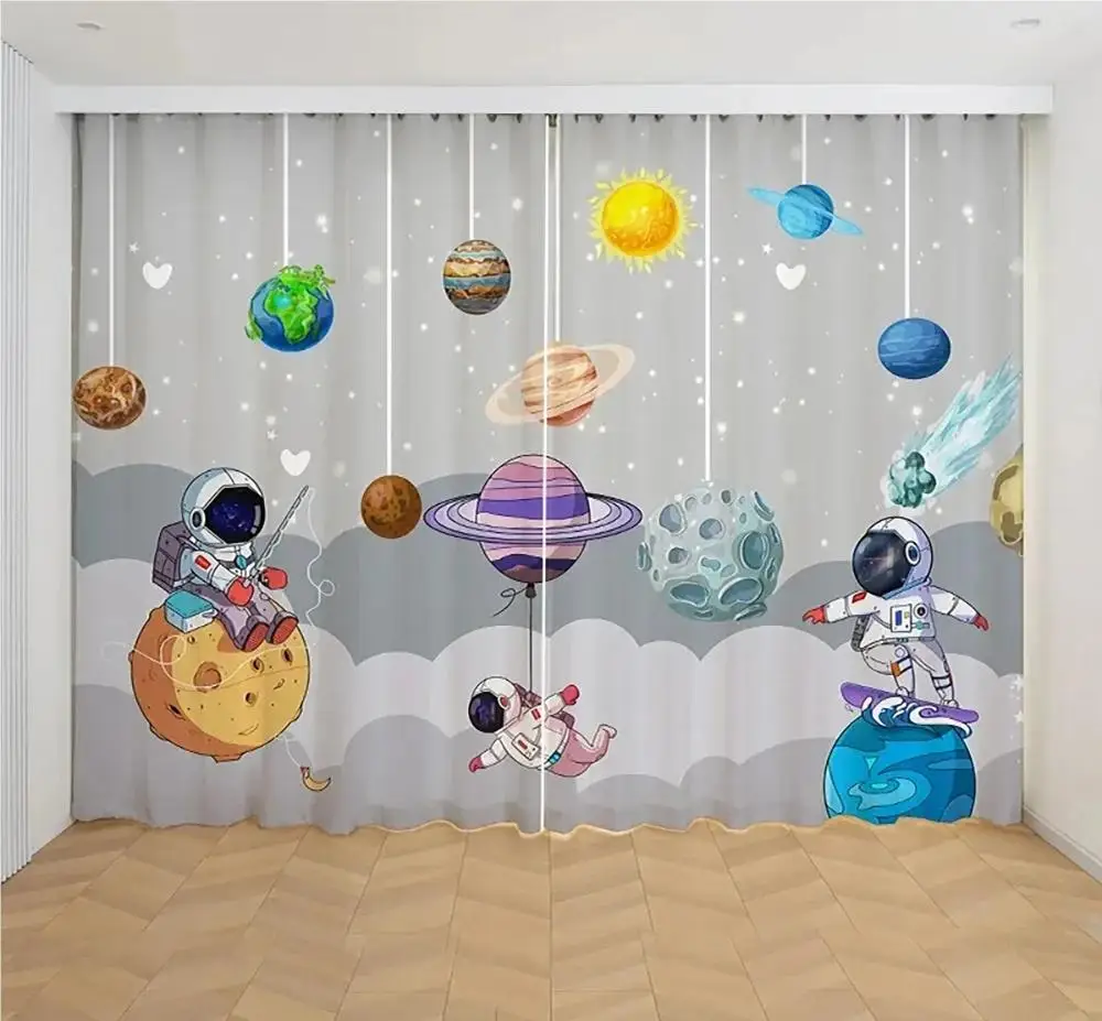 2pcs Cheap Cartoon Space Astronaut Funny Curtain,Boys Kids Rocket Planet Thin Shading Curtains for Bedroom Living Room Custom