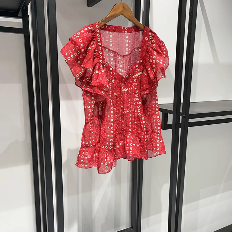 Women's Red Boho T-Shirt Ruffled Sleeve V-Neck Blouse Cotton Blend Casual Summer Top with Dot Print 2026 Spring New Arrivals Y2K