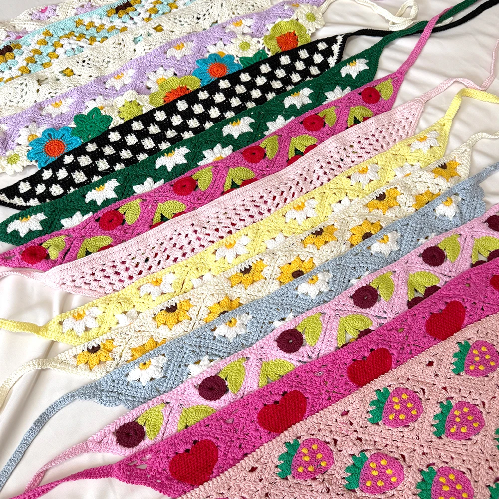 

Boho Chic Triangular Headband for Girls Flower Knitted French Pastoral Triangular Bandage Women Mother Daughter Large HeadScarf