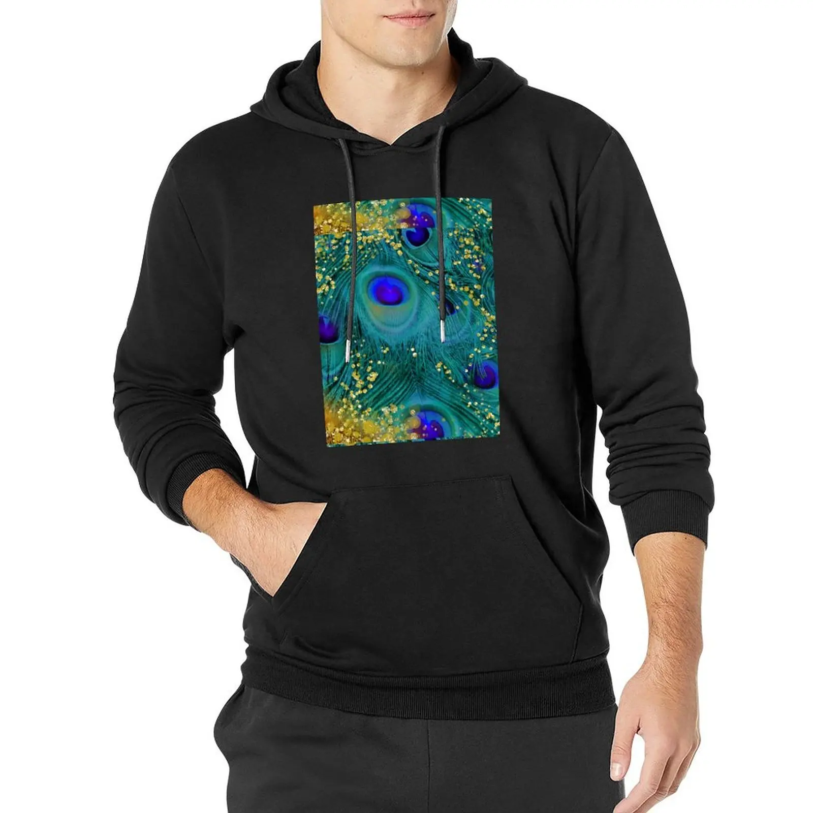 Dreamy peacock feathers, teal and purple, glimmering gold Pullover Hoodie mens clothing anime clothes hoodie for men