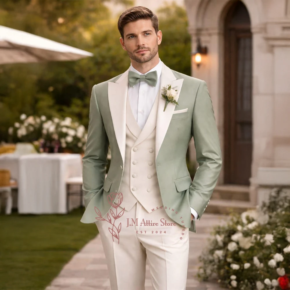 Elegant Men's Suit 3pcs Set Sage Green Jacket Ivory Vest Pants Custom Slim Fit for Wedding Prom Party Business Formal Tuxedo