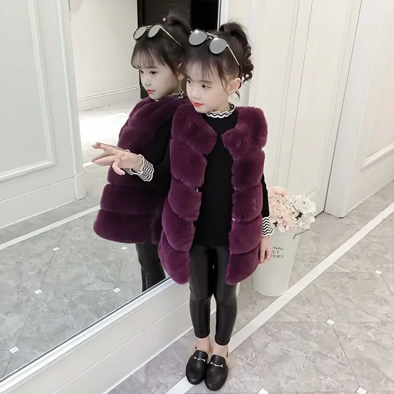 Faux Fur Girls' Vest for Tween Girls Thermal Plus Size Warm Cape with Detachable Thickened Winter Coat for Kids Outdoor