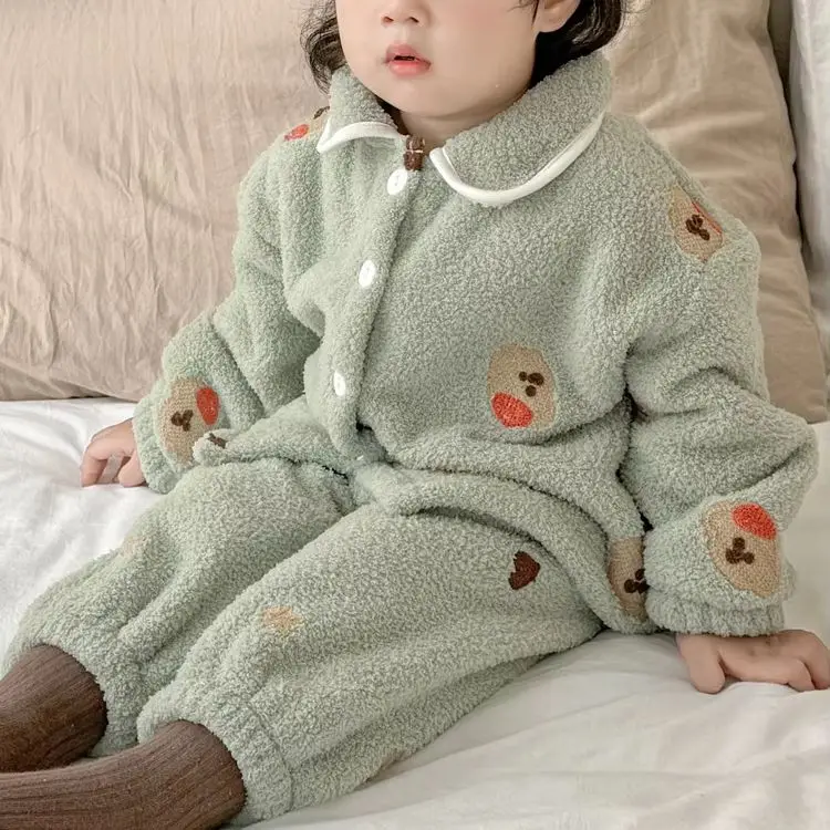

Baby flannel pajamas boy long sleeve top+trousers set 0-5 year old children pajamas set Korean casual Girls Solid Color Warm Und