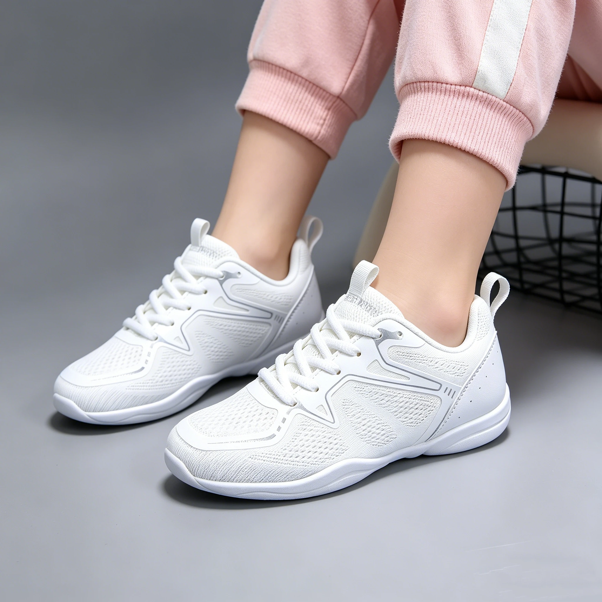 

D25 Women Lightweight White Mesh Sneakers Breathable Cheerleading Shoes For Aerobics Gym Sports Training Dancing Shoes